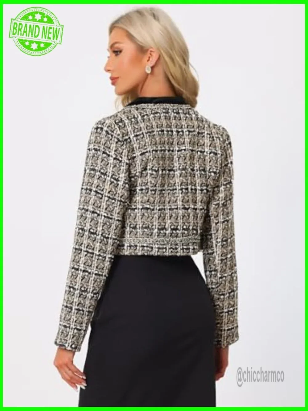 Vintage Suiting Blazer, Cropped Collarless, Plaid Tweed with Sequin Accents,